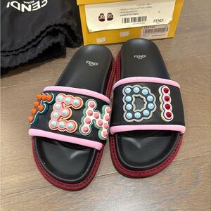Fendi Black Slide Sandals with Pink Trim and Multicolor Studs